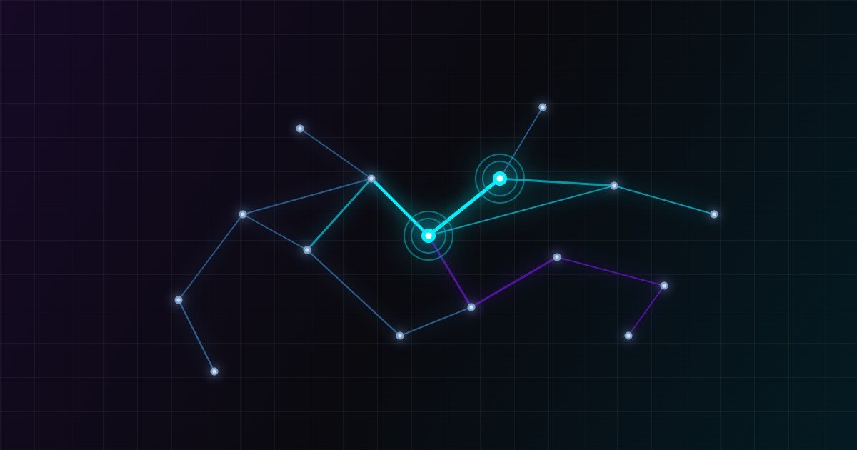 Abstrakte Karte europäischer IPTV-Server-Routen mit hervorgehobenen Knotenpunkten in Neon-Cyan und Violett auf dunklem Hintergrund